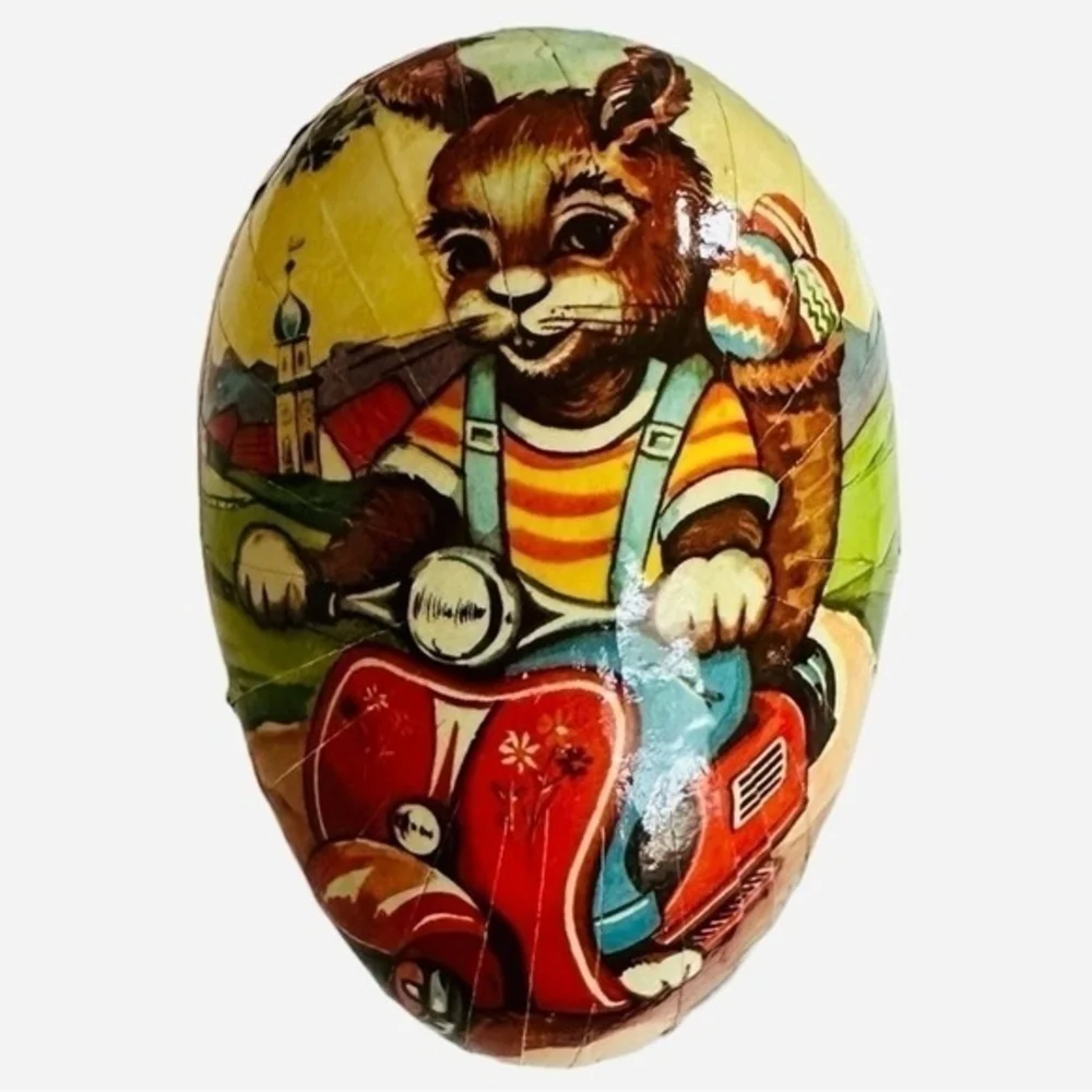 Vintage West Germany Paper Mache Easter Egg Candy Container Rabbit Bike 4